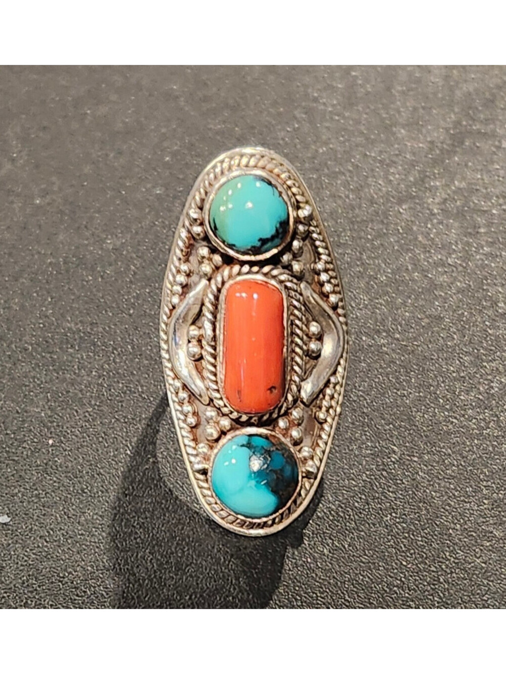 Vintage Navajo Sterling Sliver Women's Ring With Turquoise and Coral Stones Nice